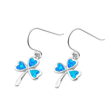 Load image into Gallery viewer, Sterling Silver Clover Leaf Shape With Blue Lab Opal EarringsAnd Earring Height 18mm