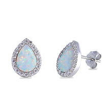 Load image into Gallery viewer, Sterling Silver Pear Shape With Blue Lab Opal Earrings With CZ StonesAnd Earring Height 11mm