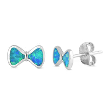 Load image into Gallery viewer, Sterling Silver Bow Shape With Blue Lab Opal EarringsAnd Earring Height 5mm