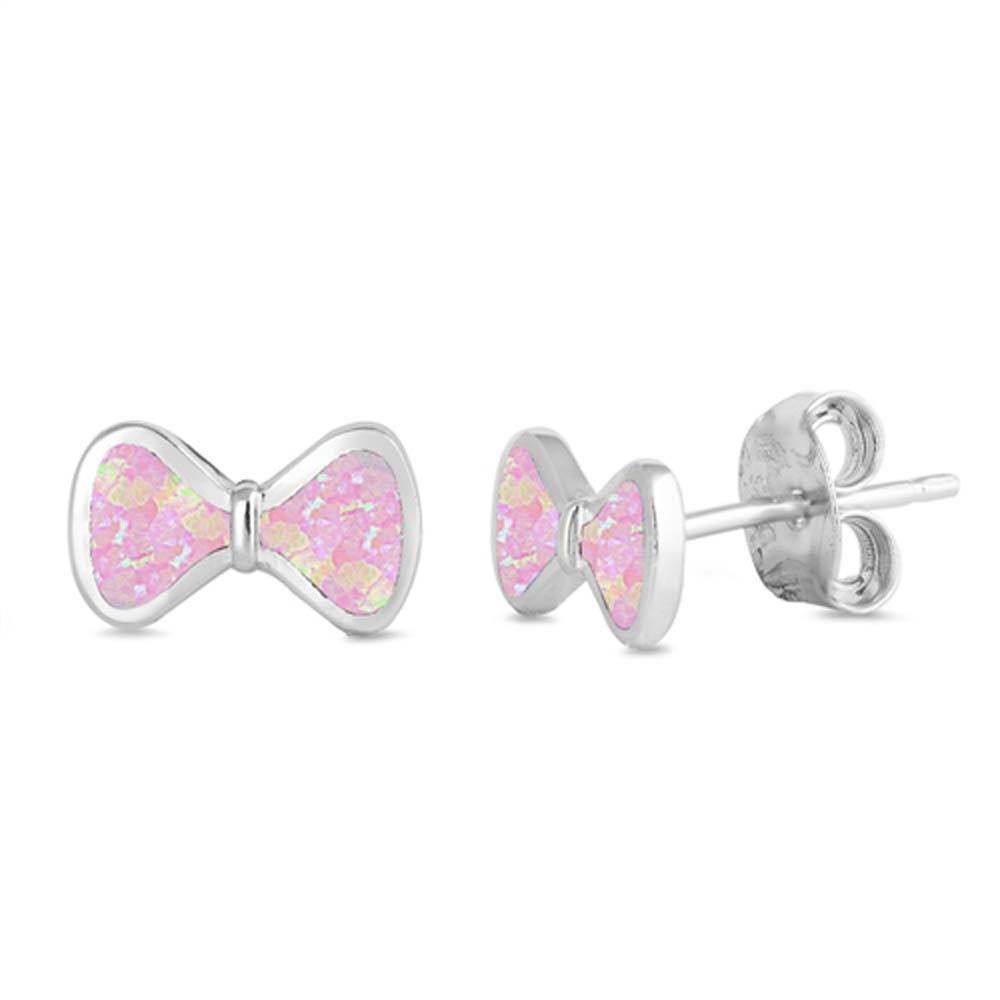 Sterling Silver Bow Shape With Pink Lab Opal EarringsAnd Earring Height 5mm