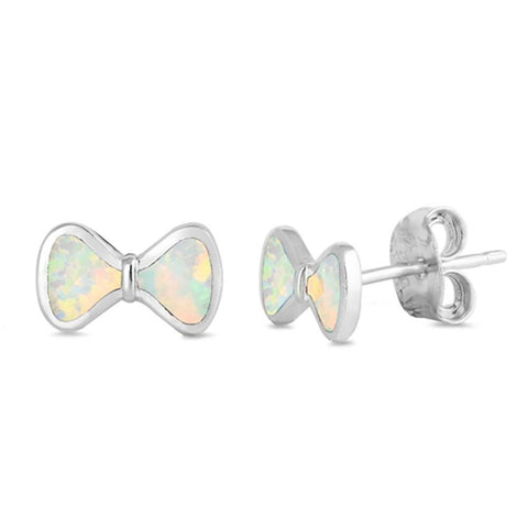 Sterling Silver Bow Shape With White Lab Opal EarringsAnd Earring Height 5mm