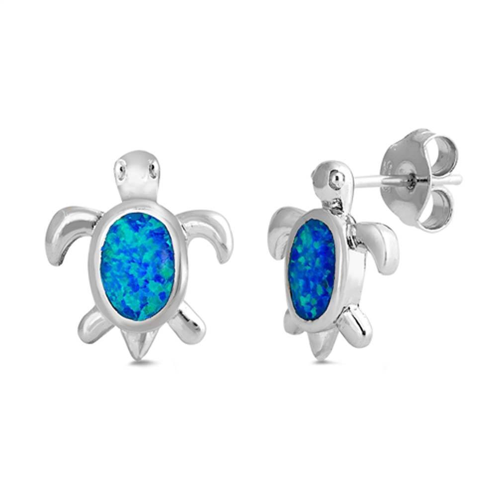 Sterling Silver Earrings With Turtle Shaped Blue Lab Opal