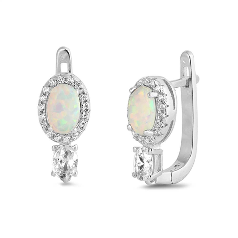 Sterling Silver Earrings With Round Shaped White Lab Opal And Clear CZ