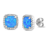 Sterling Silver Earrings With Square Shaped Blue Lab Opal And Clear CZ