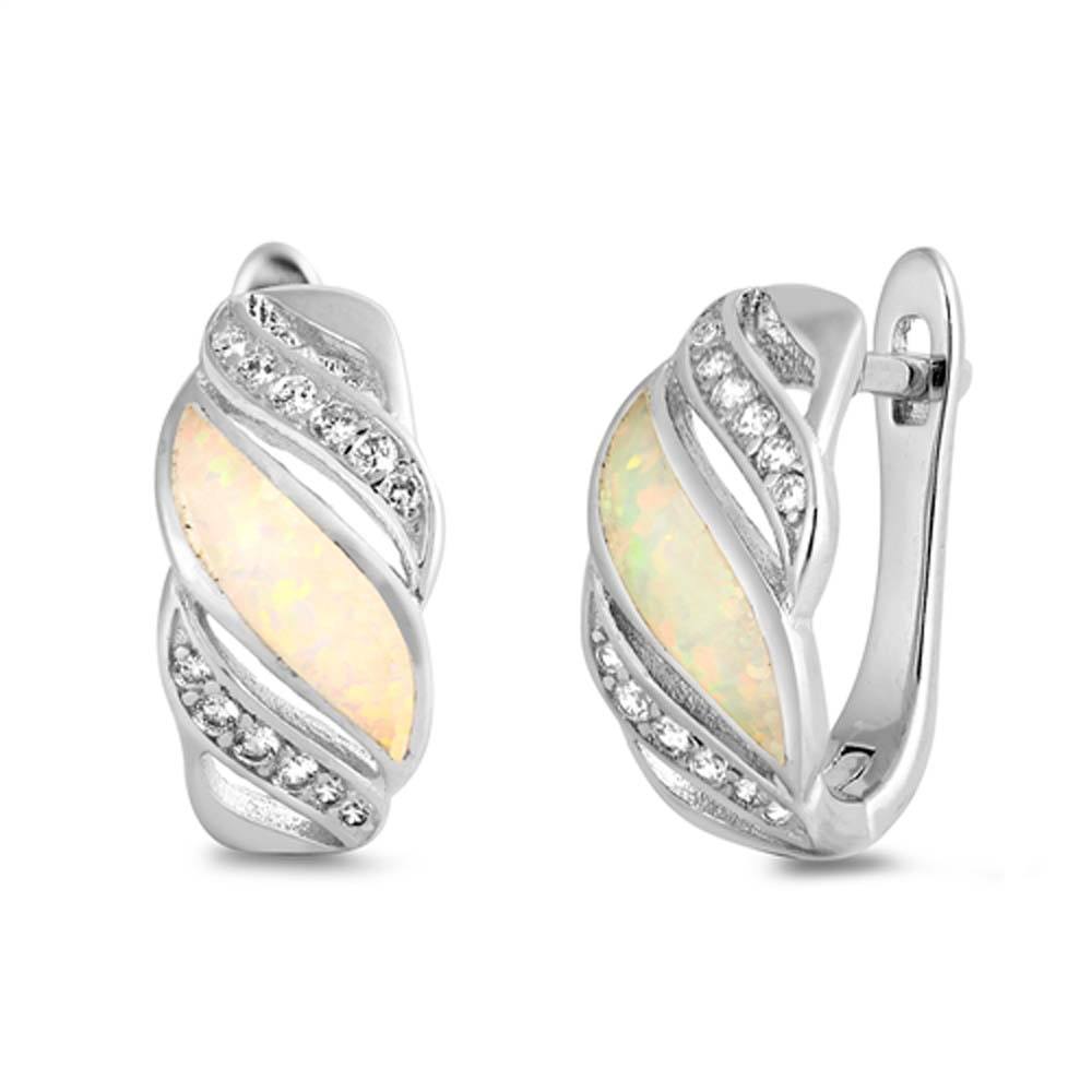 Sterling Silver With White Lab Opal and CZ Earrings