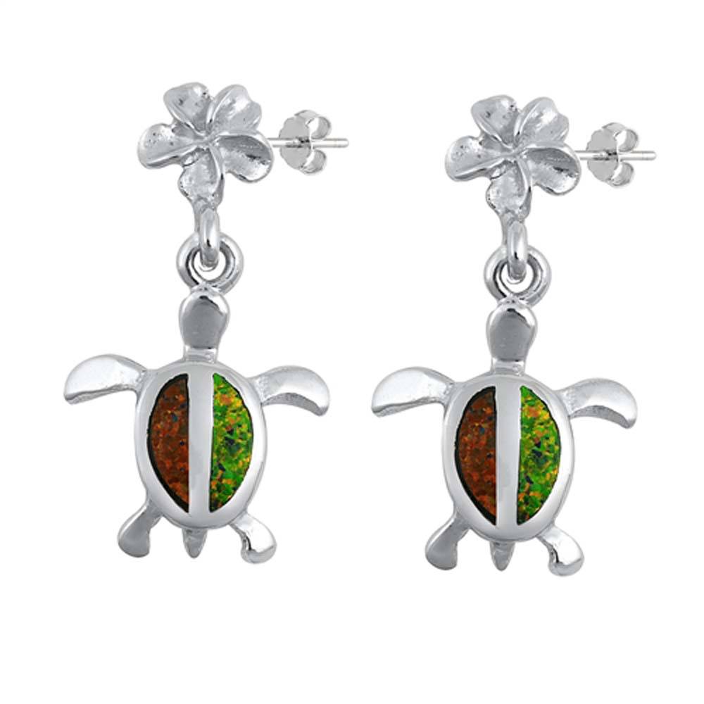 Sterling Silver Earrings With Turtle And Plumeria Shaped Black Lab Opal