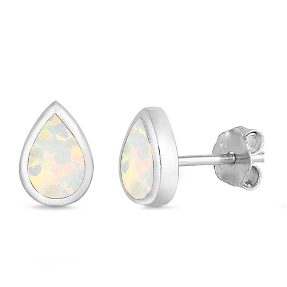 Sterling Silver Pear Shape With White Lab Opal EarringsAnd Earring Height 7mm