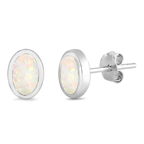 Sterling Silver Oval Shape With White Lab Opal EarringsAnd Earring Height 7mm