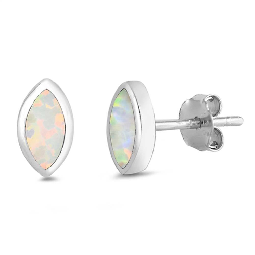 Sterling Silver Marquise Shape With White Lab Opal EarringsAnd Earring Height 7mm