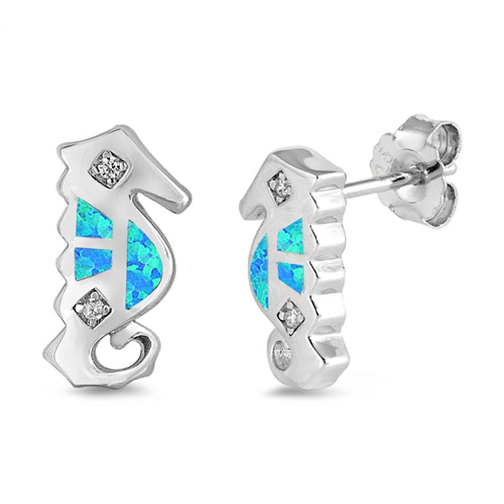 Sterling Silver Seahorse Shape With Blue Lab Opal Earrings With CZ StoneAnd Earring Height 13mm