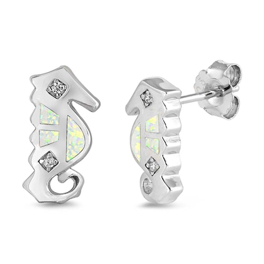 Sterling Silver Seahorse Shape With White Lab Opal Earrings With CZ StoneAnd Earring Height 13mm