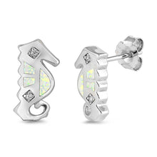 Load image into Gallery viewer, Sterling Silver Seahorse Shape With White Lab Opal Earrings With CZ StoneAnd Earring Height 13mm
