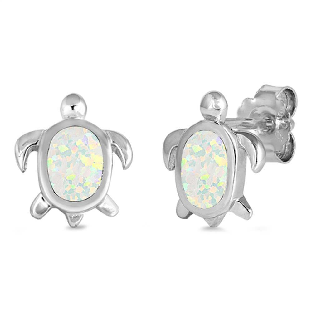 Sterling Silver Turtle Shape With White Lab Opal EarringsAnd Earring Height 11mm