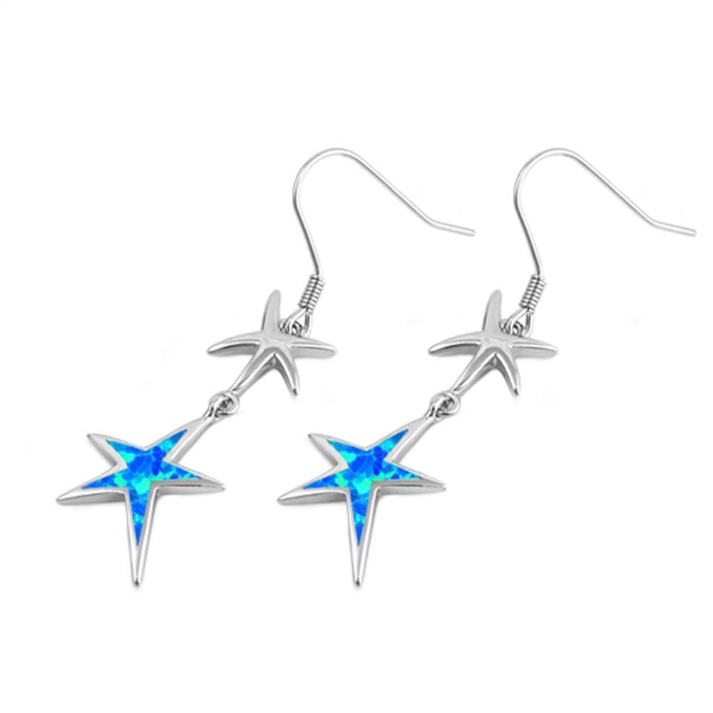 Sterling Silver Double Stars Shape With Blue Lab Opal EarringsAnd Earring Height 18mm