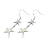 Sterling Silver Double Stars Shape With White Lab Opal EarringsAnd Earring Height 18mm