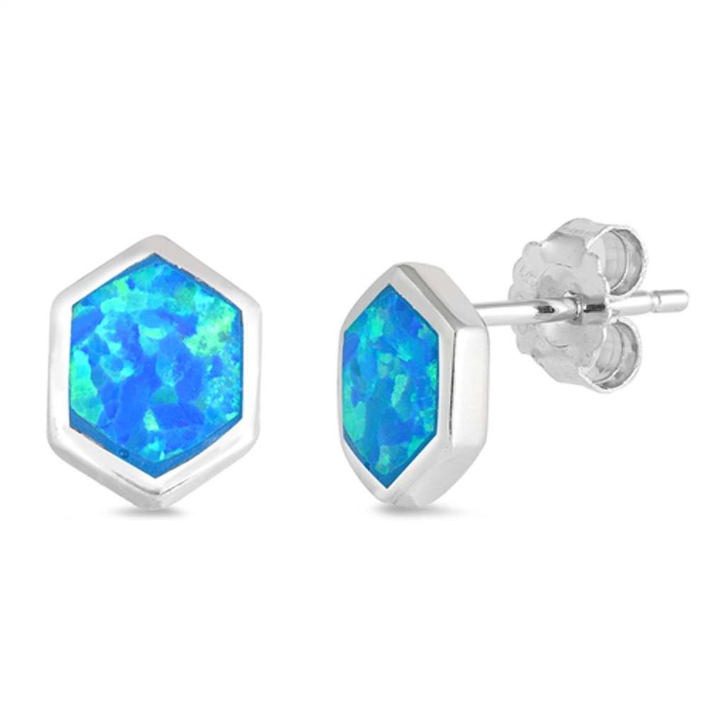 Sterling Silver Rhombus Shape With Blue Lab Opal EarringsAnd Earring Height 8mm