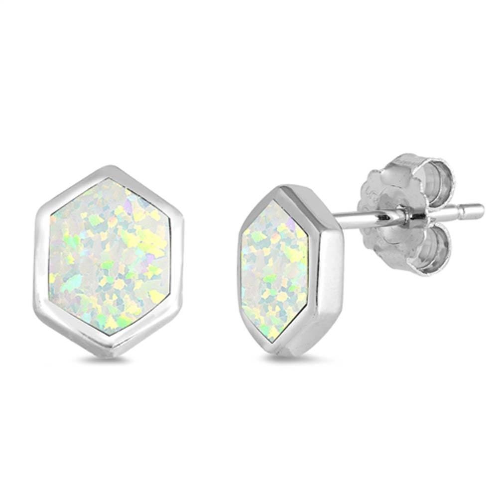 Sterling Silver Rhombus Shape With White Lab Opal EarringsAnd Earring Height 8mm