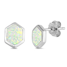 Load image into Gallery viewer, Sterling Silver Rhombus Shape With White Lab Opal EarringsAnd Earring Height 8mm