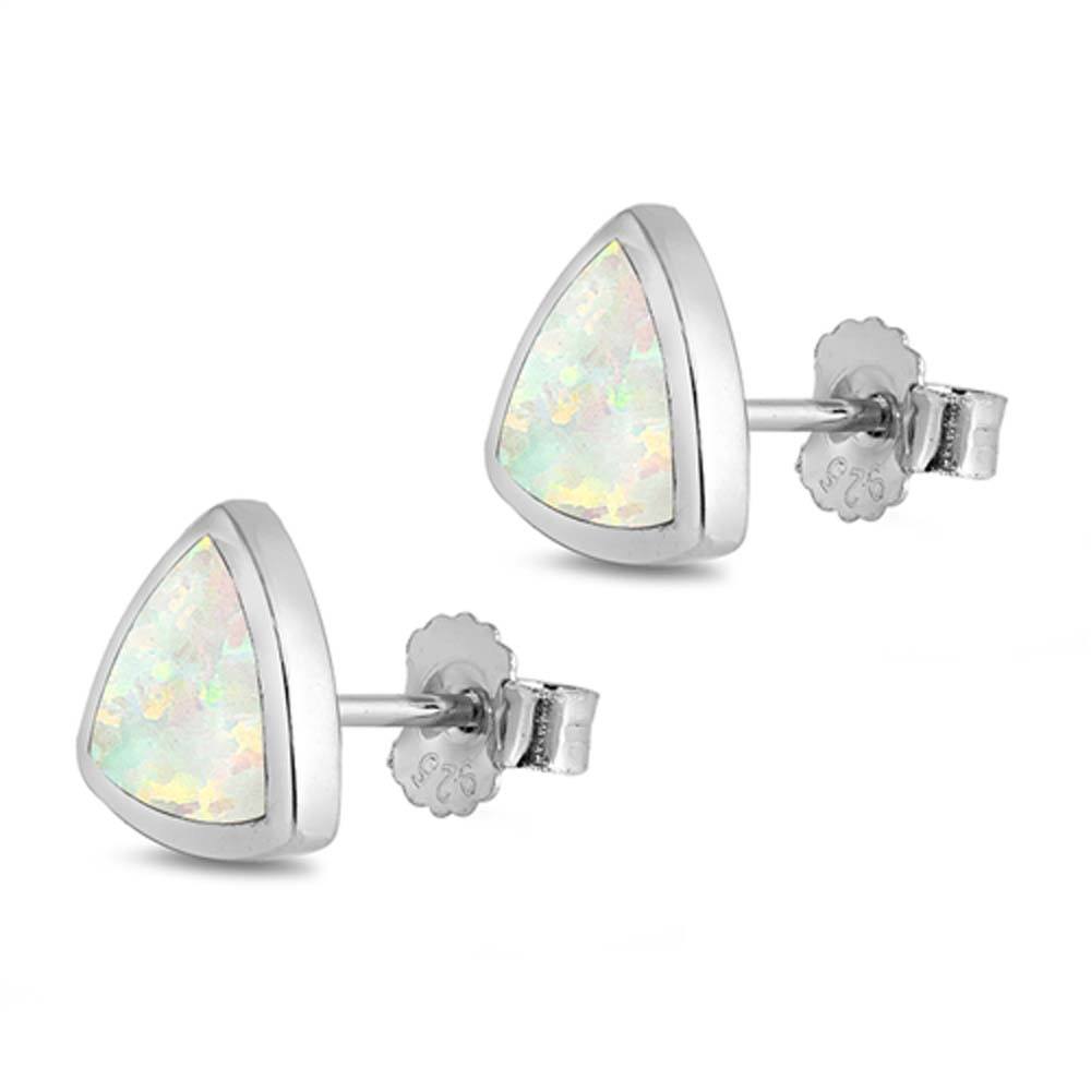 Sterling Silver Triangle Shape With White Lab Opal EarringsAnd Earring Height 10mm