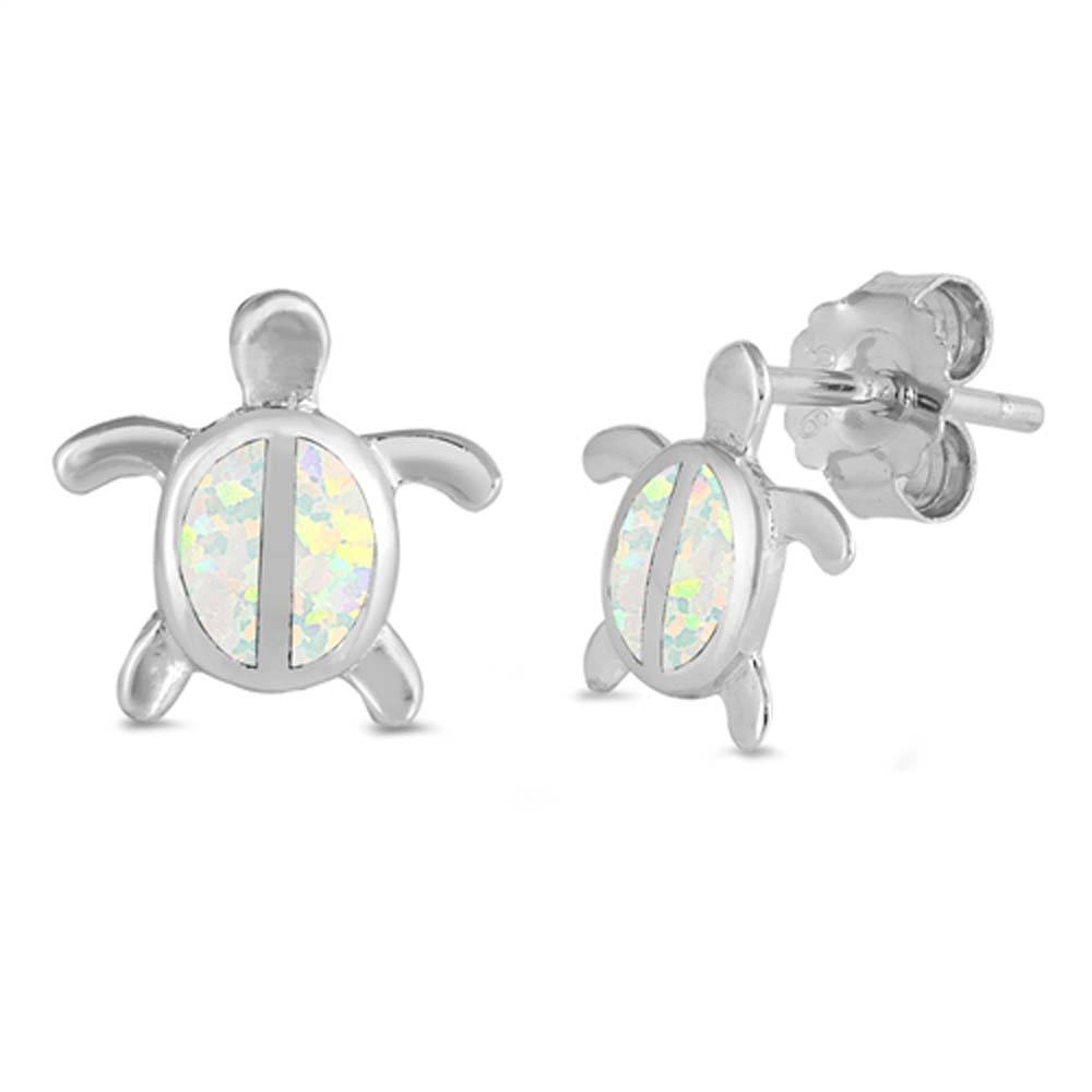 Sterling Silver Turtle Shape With White Lab Opal EarringsAnd Earring Height 9mm