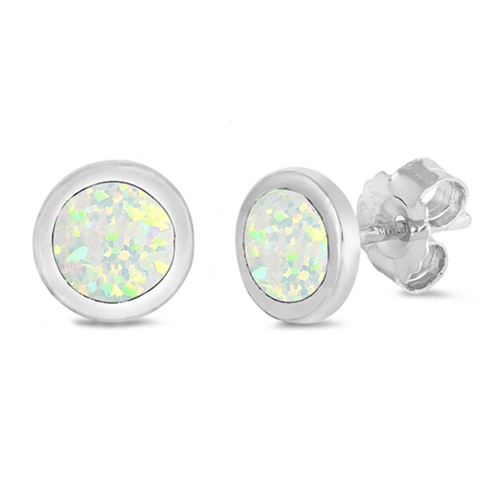 Sterling Silver Round Shape With White Lab Opal EarringsAnd Earring Height 7mm
