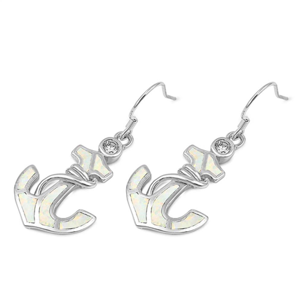 Sterling Silver Anchor Shape With White Lab Opal Earrings With CZ StoneAnd Earring Height 24mm