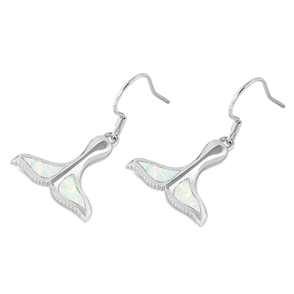 Sterling Silver Whale Tail Shape With White Lab Opal EarringsAnd Earring Height 15mm