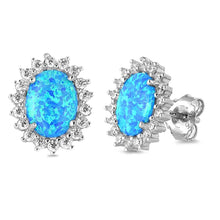 Load image into Gallery viewer, Sterling Silver Oval Shape With Blue Lab Opal Earrings With CZ StonesAnd Earring Height 13