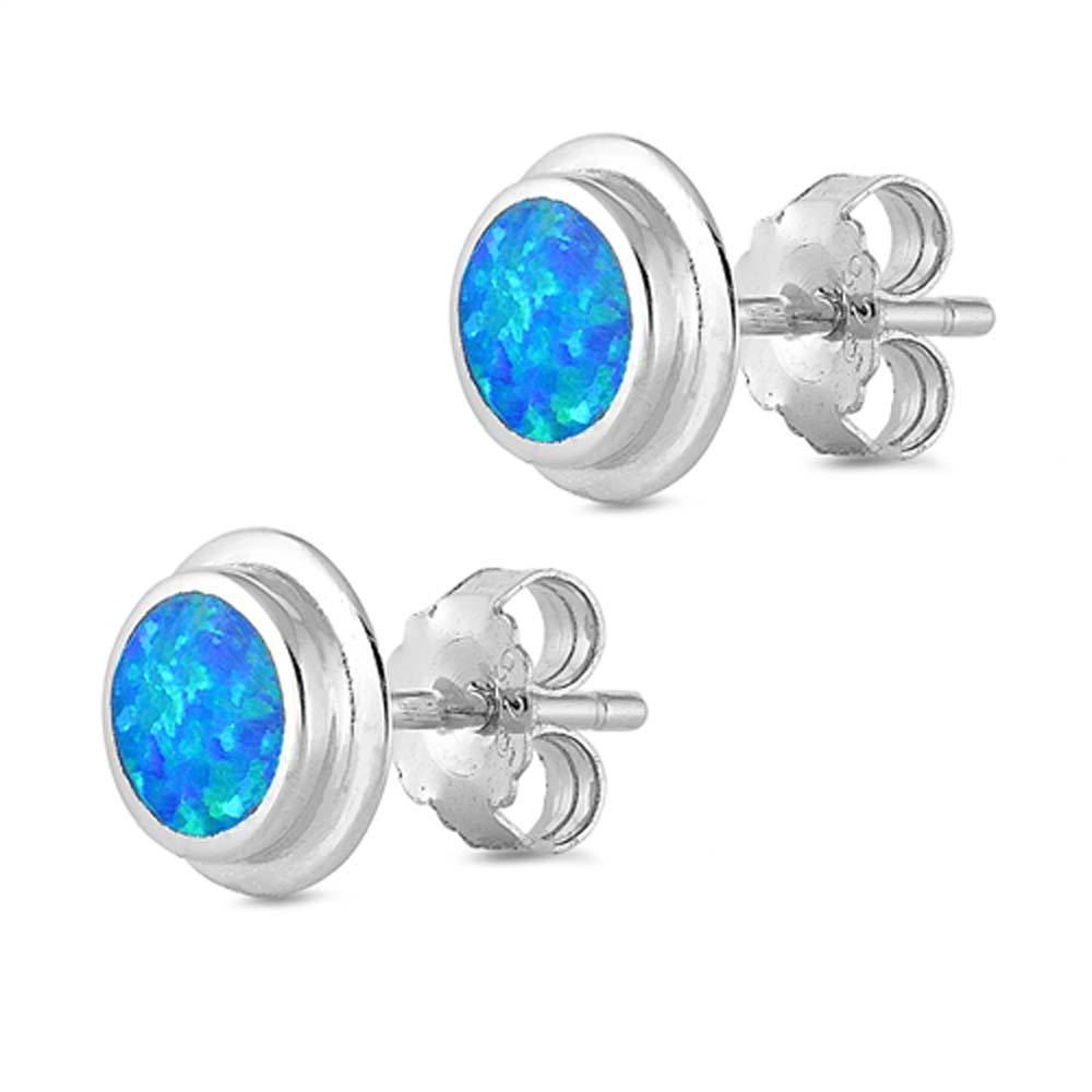 Sterling Silver Round Shape With Blue Lab Opal EarringsAnd Earring Height 8mm