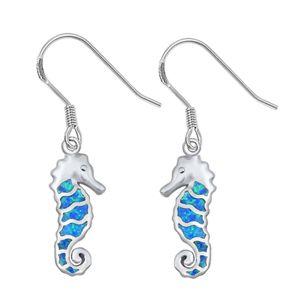 Sterling Silver Seahorse Shape With Blue Lab Opal EarringsAnd Earring Height 22mm