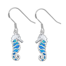 Load image into Gallery viewer, Sterling Silver Seahorse Shape With Blue Lab Opal EarringsAnd Earring Height 22mm