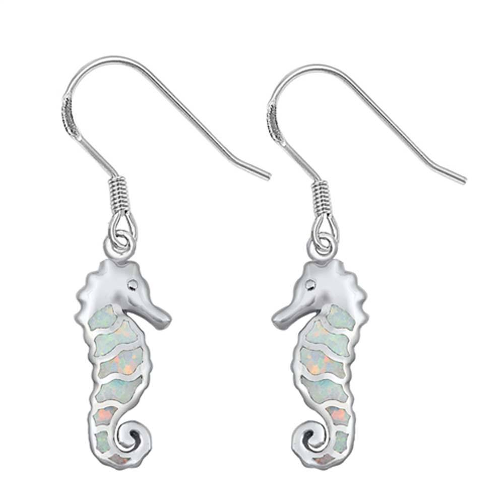 Sterling Silver Seahorse Shape With White Lab Opal EarringsAnd Earring Height 22mm