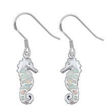 Load image into Gallery viewer, Sterling Silver Seahorse Shape With White Lab Opal EarringsAnd Earring Height 22mm