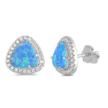 Load image into Gallery viewer, Sterling Silver Trillion Shape With Blue Lab Opal Earrings With CZ StonesAnd Earring Height 12mm