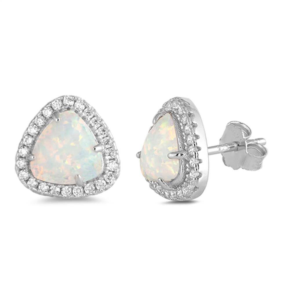 Sterling Silver Trillion Shape With White Lab Opal Earrings With CZ StonesAnd Earring Height 12mm