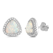 Load image into Gallery viewer, Sterling Silver Trillion Shape With White Lab Opal Earrings With CZ StonesAnd Earring Height 12mm