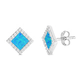 Sterling Silver Diamond Cut Shape With Blue Lab Opal Earrings With CZ StonesAnd Earring Height 14mm