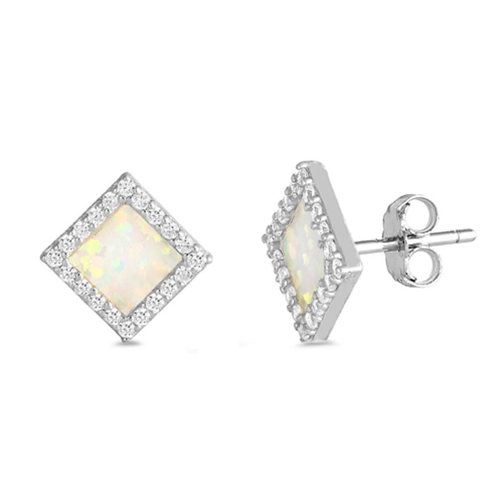 Sterling Silver Diamond Cut Shape With White Lab Opal Earrings With CZ StonesAnd Earring Height 14mm