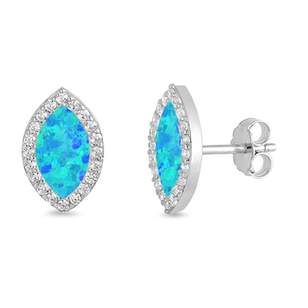 Sterling Silver Oval Shape With Blue Lab Opal Earrings With CZ StonesAnd Earring Height 14x9mm