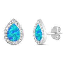 Load image into Gallery viewer, Sterling Silver Pear Shape With Blue Lab Opal Earrings With CZ StonesAnd Earring Height 11mm