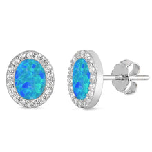 Load image into Gallery viewer, Sterling Silver Oval Shape With Blue Lab Opal Earrings With CZ StonesAnd Earring Height 11mm