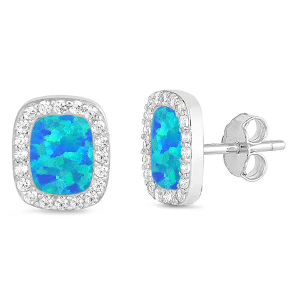 Sterling Silver Rhombus Shape With Blue Lab Opal Earrings With CZ StonesAnd Earring Height 14x11mm