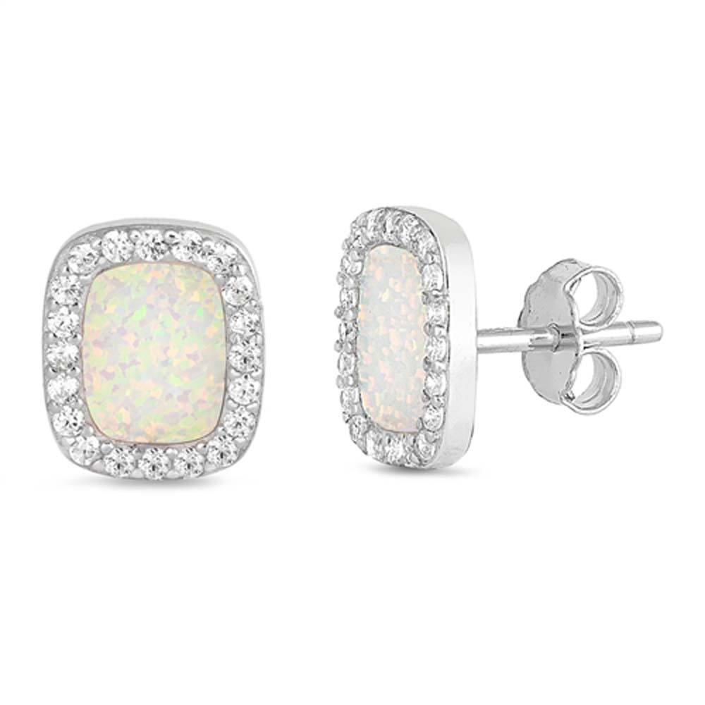 Sterling Silver Rhombus Shape With White Lab Opal Earrings With CZ StonesAnd Earring Height 14x11mm