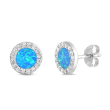 Load image into Gallery viewer, Sterling Silver Circle Shape With Blue Lab Opal Earrings With CZ StonesAnd Earring Height 14mm