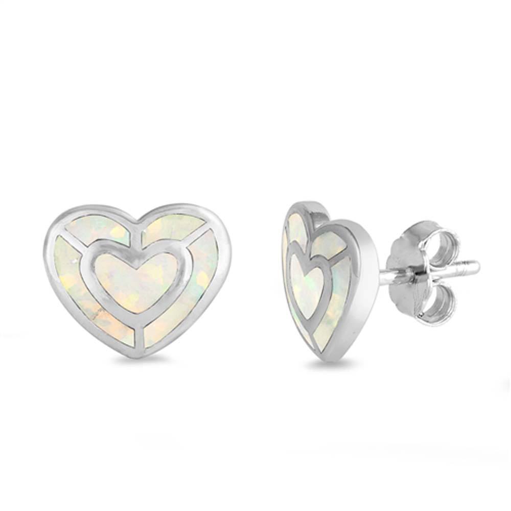 Sterling Silver Heart Shape With White Lab Opal EarringsAnd Earring Height 15mm