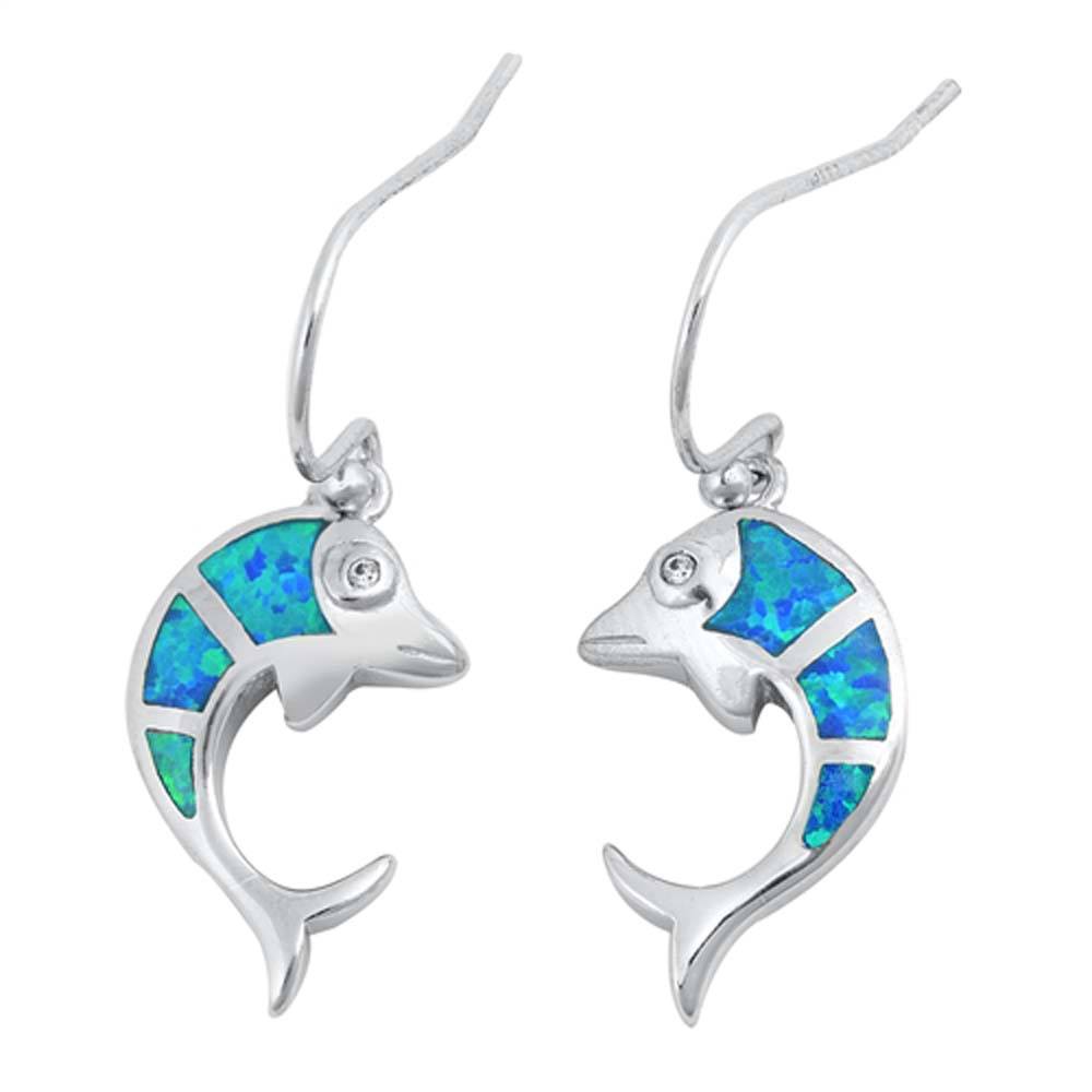 Sterling Silver With Lab Opal Dolphin Earrings