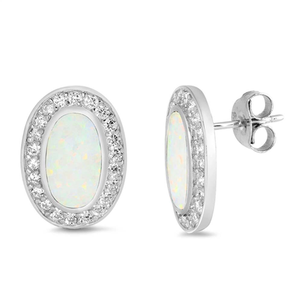 Sterling Silver White Lab Opal and CZ Earrings