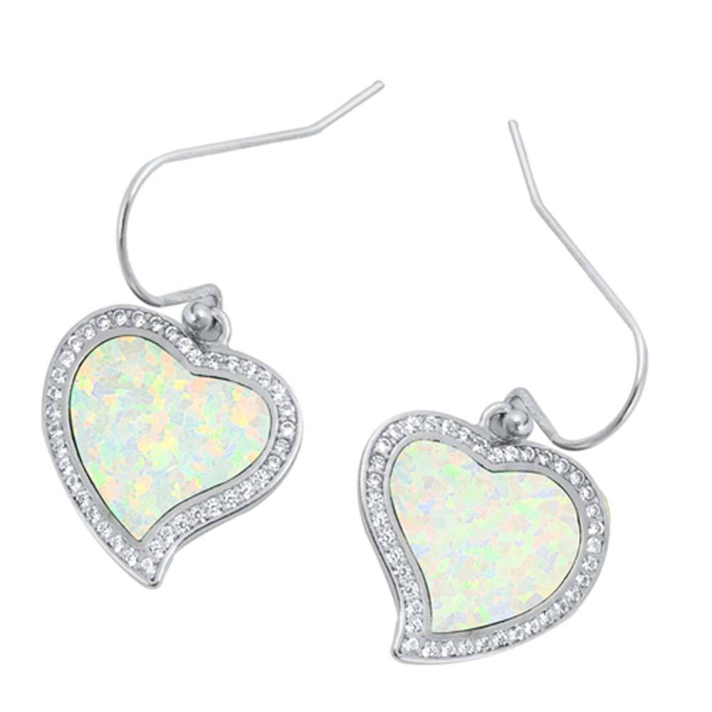 Sterling Silver With Lab Opal Heart Earrings