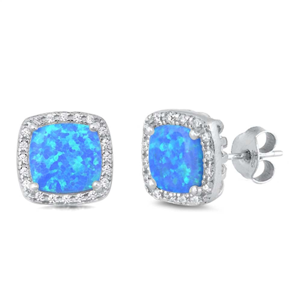 Sterling Silver Blue Lab Opal Square Shaped Earrings With Clear CZ