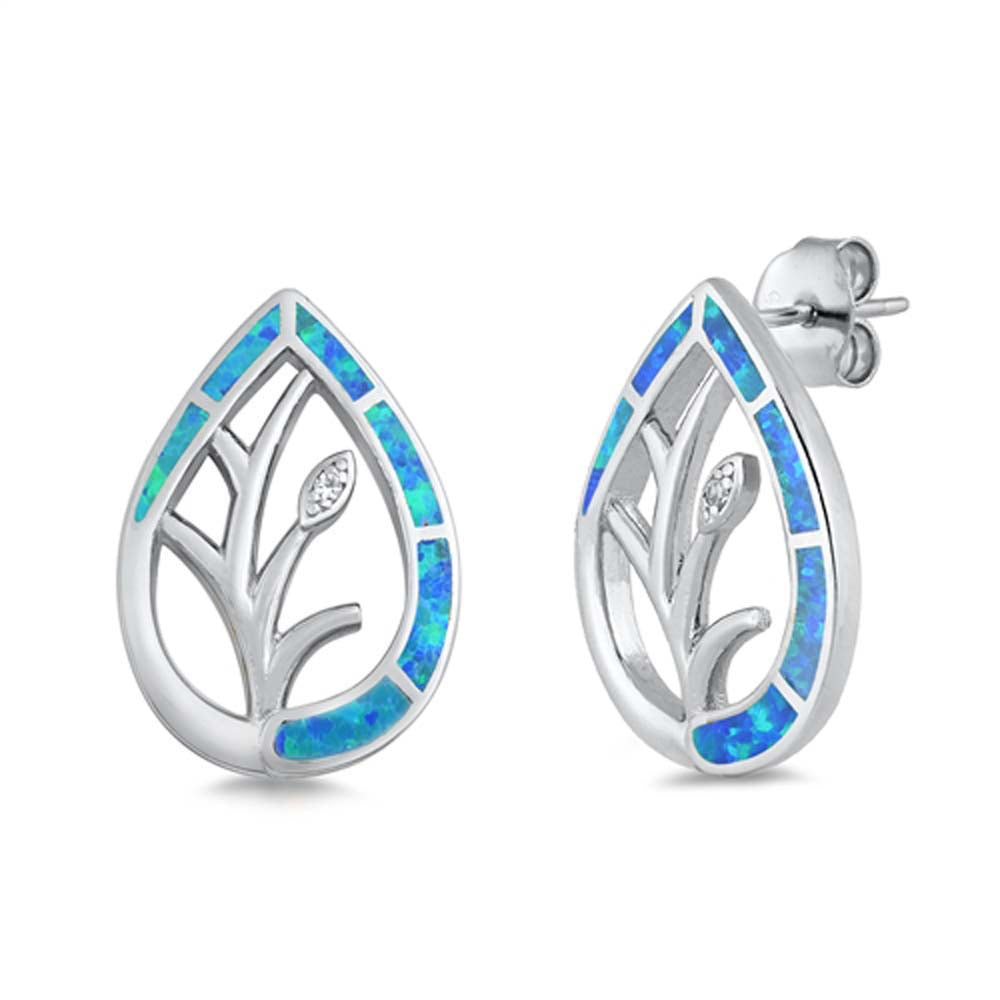 Sterling Silver Blue Lab Opal Pear Leaves Shaped Earrings With Clear CZ